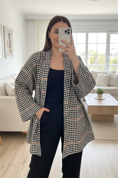 Siyah Taba Kaşe Kazayağı Desen Kuşaklı Kimono Ceket / Kışlık Ürün