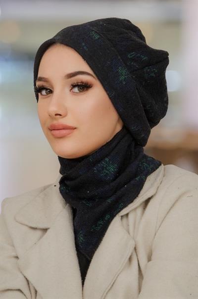 Siyah Yeşil Desen Tesettür Bere ve Etol Takım
