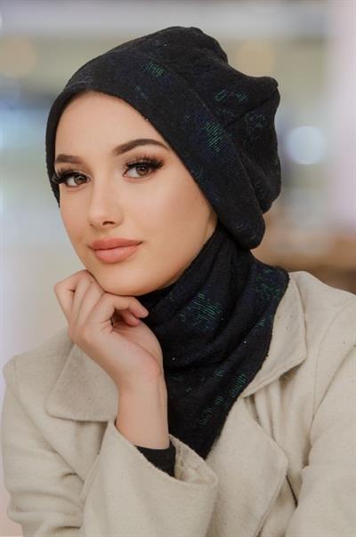 Siyah Yeşil Desen Tesettür Bere ve Etol Takım