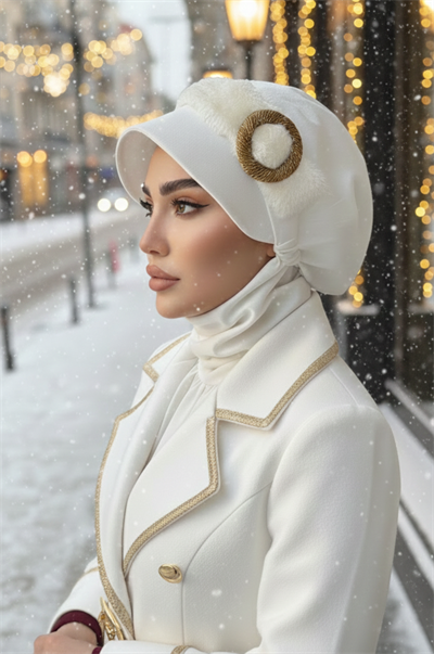 Beyaz Gold Tokalı Tesettür Şapka