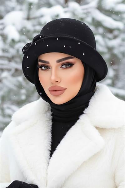 Siyah Taş Detay Vintage Şapka