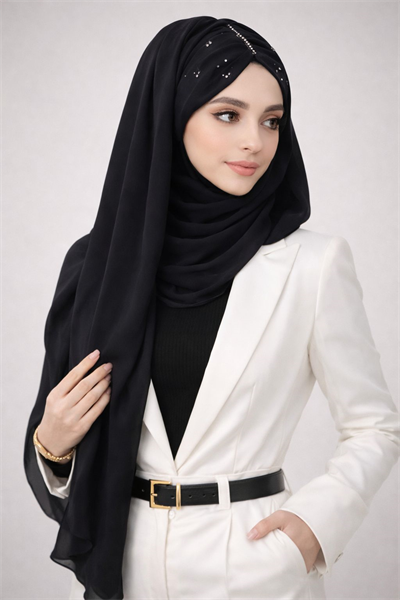 Siyah Taş Detaylı Abiye Şal