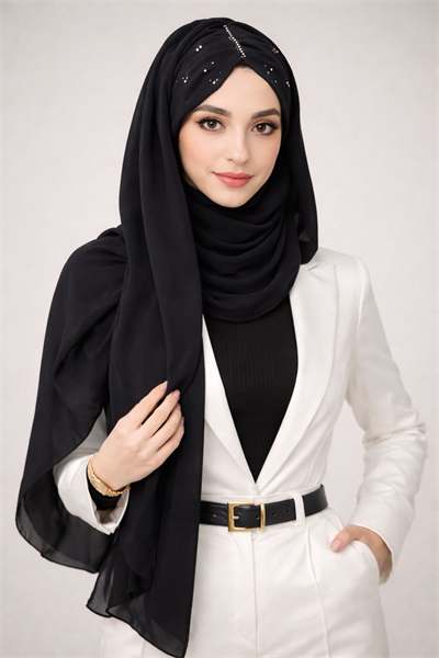 Siyah Taş Detaylı Abiye Şal