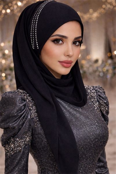 Siyah Taş Detaylı Hazır Abiye Şal