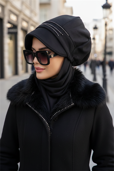 Siyah Taş Detaylı Tesettür Şapka