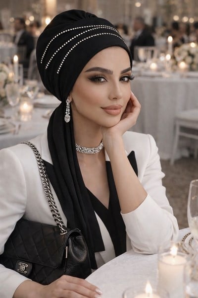 Siyah Taşlı Atkılı Abiye Bone - 60101