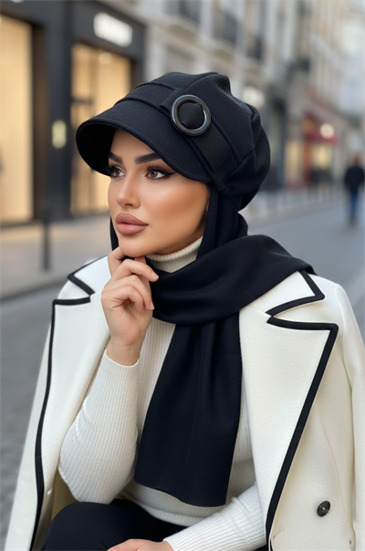Siyah Tokalı Tesettür Şapka