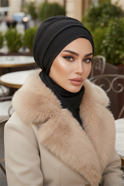 Siyah Triko Atkılı Tesettür Bone