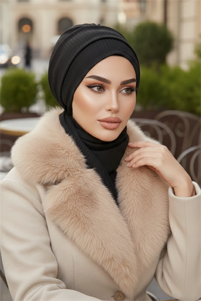 Siyah Triko Atkılı Tesettür Bone