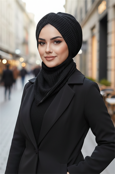 Siyah Triko Kışlık Burgu Bone Ve Etol Takım