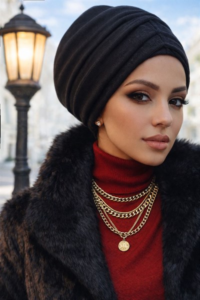 Siyah Triko Kışlık Hazır Büzgülü Bone