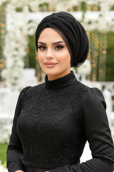 Siyah Tül Büzgülü Dolama Bone