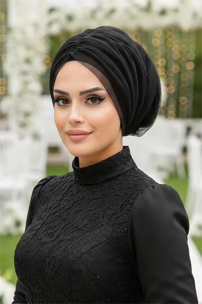 Siyah Tül Büzgülü Dolama Bone