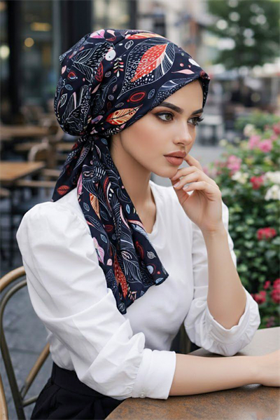 Siyah Yaprak Desen Eşarp Bone