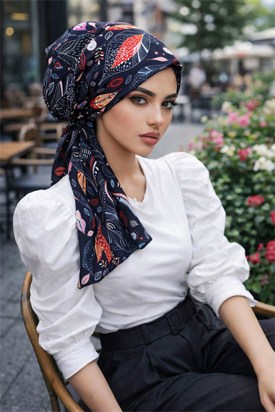 Siyah Yaprak Desen Eşarp Bone