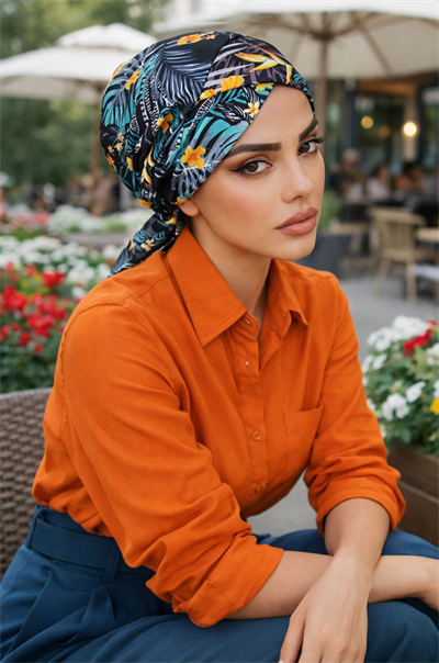 Siyah Yeşil Çiçek Desen Çapraz Bone