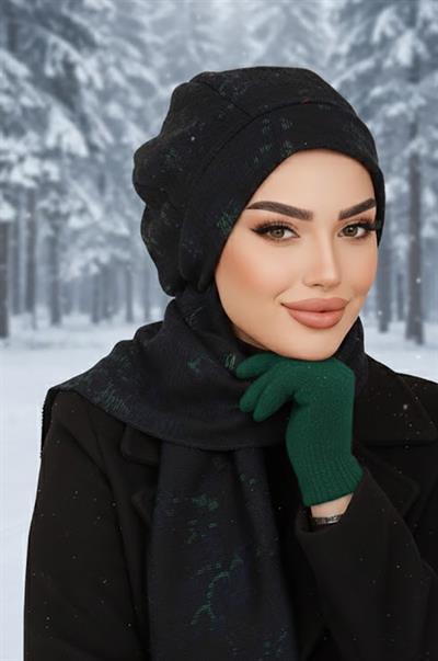 Siyah Yeşil Desen Tesettür Bere