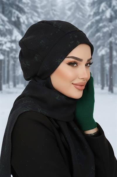 Siyah Yeşil Desen Tesettür Bere