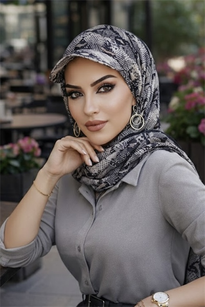 Siyah Yılan Derisi Desen Kepli Bandana Şapka Şal