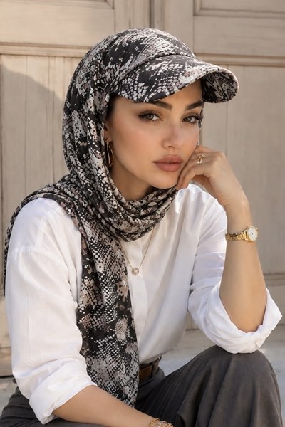 Siyah Yılan Derisi Desen Kepli Bandana Şapka Şal