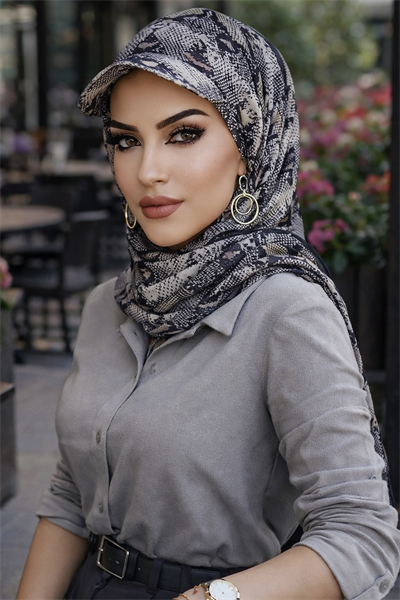 Siyah Yılan Derisi Desen Kepli Bandana Şapka Şal