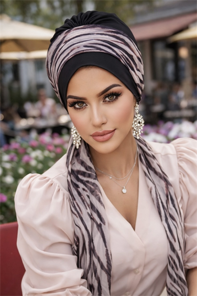 Siyah Zebra Desen Fularlı Bone