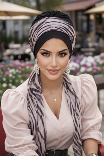 Siyah Zebra Desen Fularlı Bone