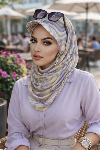 Soft Tonlar Geometrik Desen Kepli Bandana Şapka Şal
