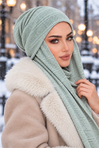 Soft Yeşil Ajurlu Triko Kelebek Bone Şal