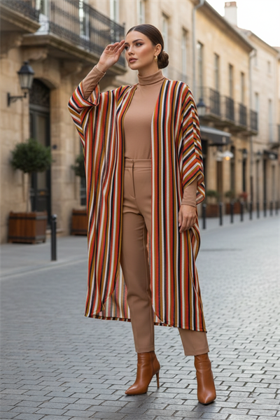 Taba Çizgili  Tesettür Hırka - 10100