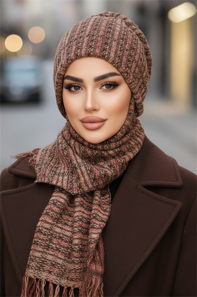 Taba Çizgili Triko Kelebek Bone Şal