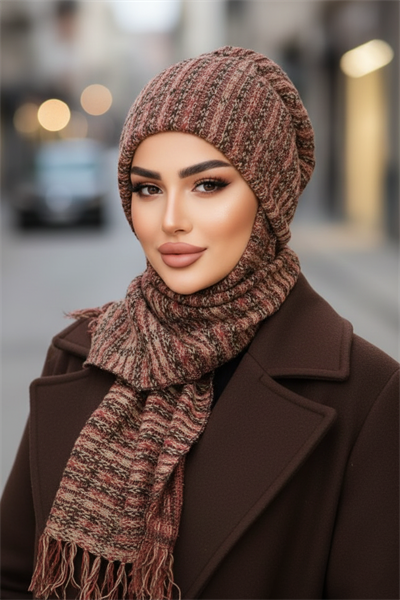 Taba Çizgili Triko Kelebek Bone Şal