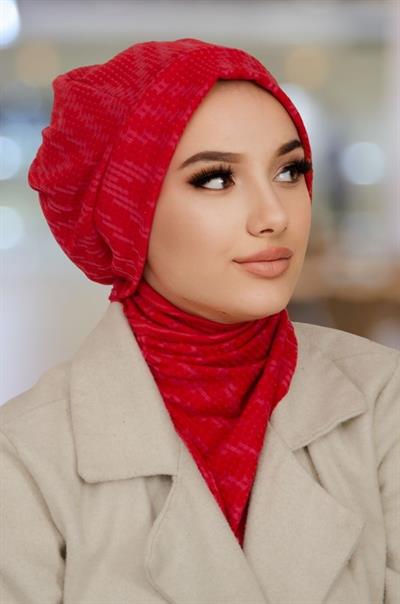 Kırmızı Desen Tesettür Bere ve Etol Takım