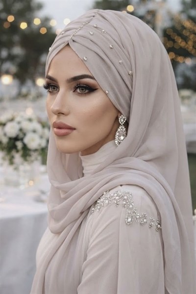 Taş Gri Taşlı Büzgü Model Hazır Abiye Şal