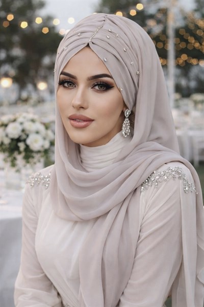 Taş Gri Taşlı Büzgü Model Hazır Abiye Şal