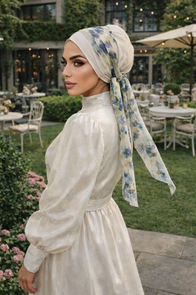 Taş Mavi Batik Desen Fularlı Bone