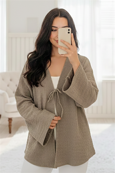 Taş Rengi Önü Bağlamalı Kimono Tunik / Likralı Ütü İstemez Kumaş