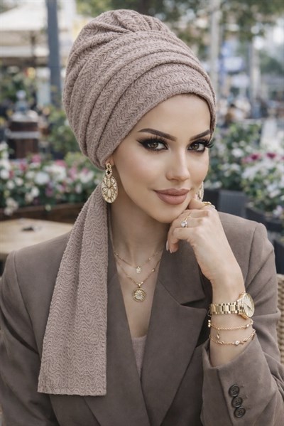 Taş Rengi Piliseli Atkılı Bone