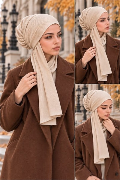 Taş Rengi Selanik Örme Yumoş Kelebek Bone Şal