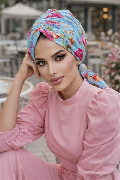 Turkuaz Çiçekli Tokalı Bone