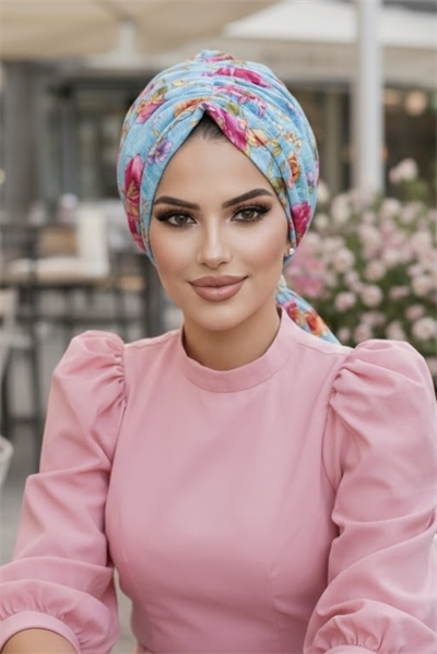 Turkuaz Çiçekli Tokalı Bone