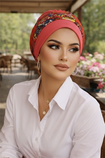 Turuncu Desenli Bantlı Hazır Bone