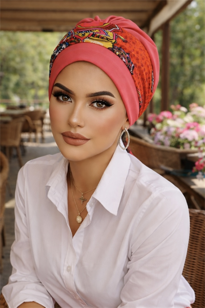 Turuncu Desenli Bantlı Hazır Bone