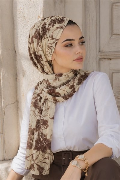 Uçuk Sarı Kahve Çiçek Desen Hazır Şal