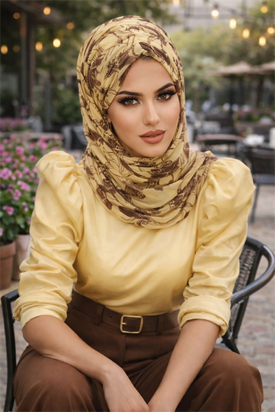 Uçuk Sarı Kahve Çiçek Desen Hazır Şal