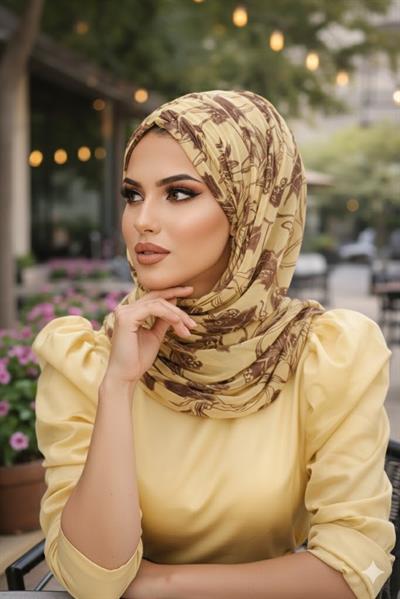 Uçuk Sarı Kahve Çiçek Desen Hazır Şal