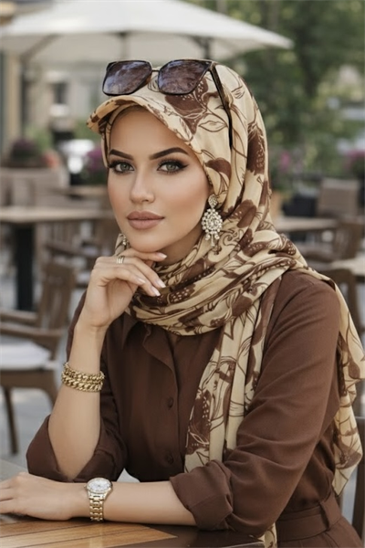 Uçuk Sarı kahve Desen Kepli Bandana Şapka Şal