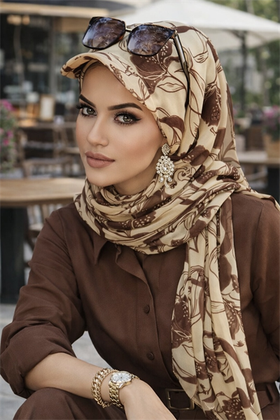 Uçuk Sarı kahve Desen Kepli Bandana Şapka Şal