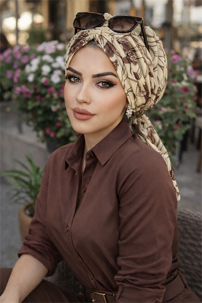 Uçuk Sarı Kahve Desen Tül Tokalı Bone