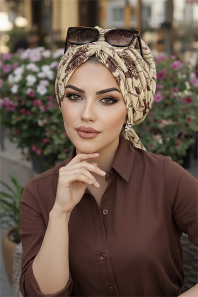 Uçuk Sarı Kahve Desen Tül Tokalı Bone